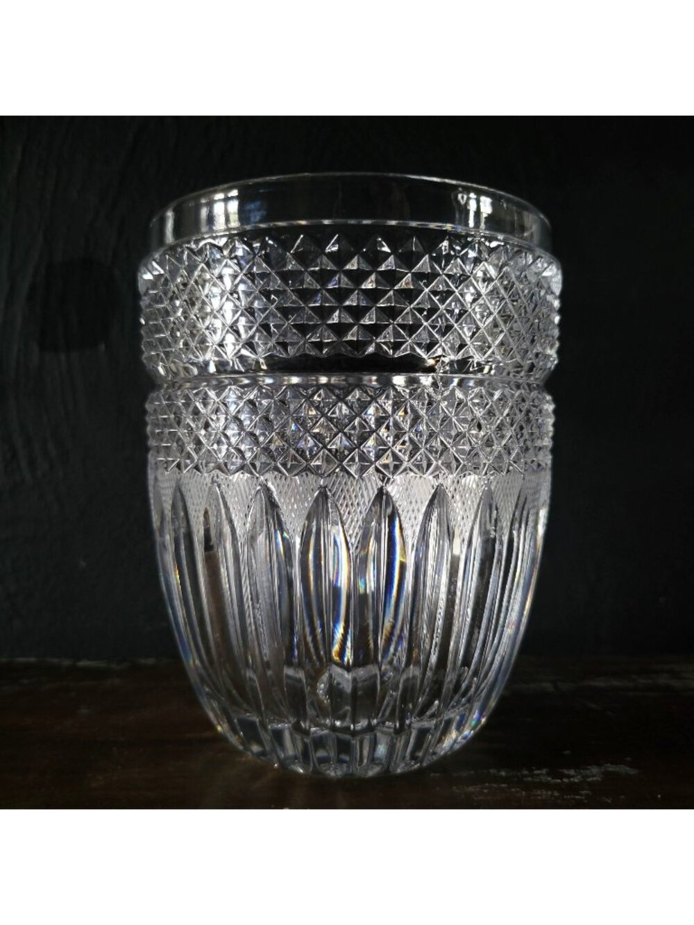 Vintage Diamond-Cut Crystal Ice Bucket Or Vase With Textured and Ribbed Design